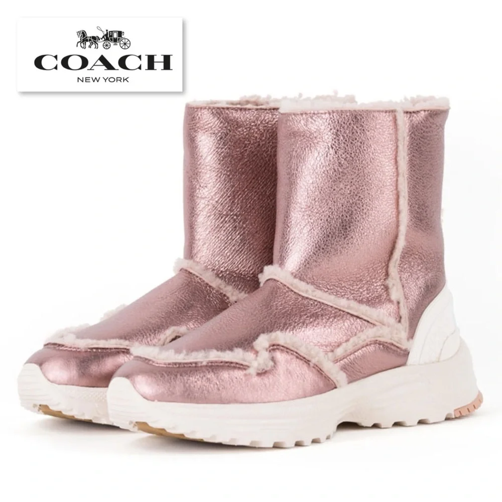 NEW Coach Portia Cold Weather Bootie Pink Metallic Rose Gold Shearling Boot 5